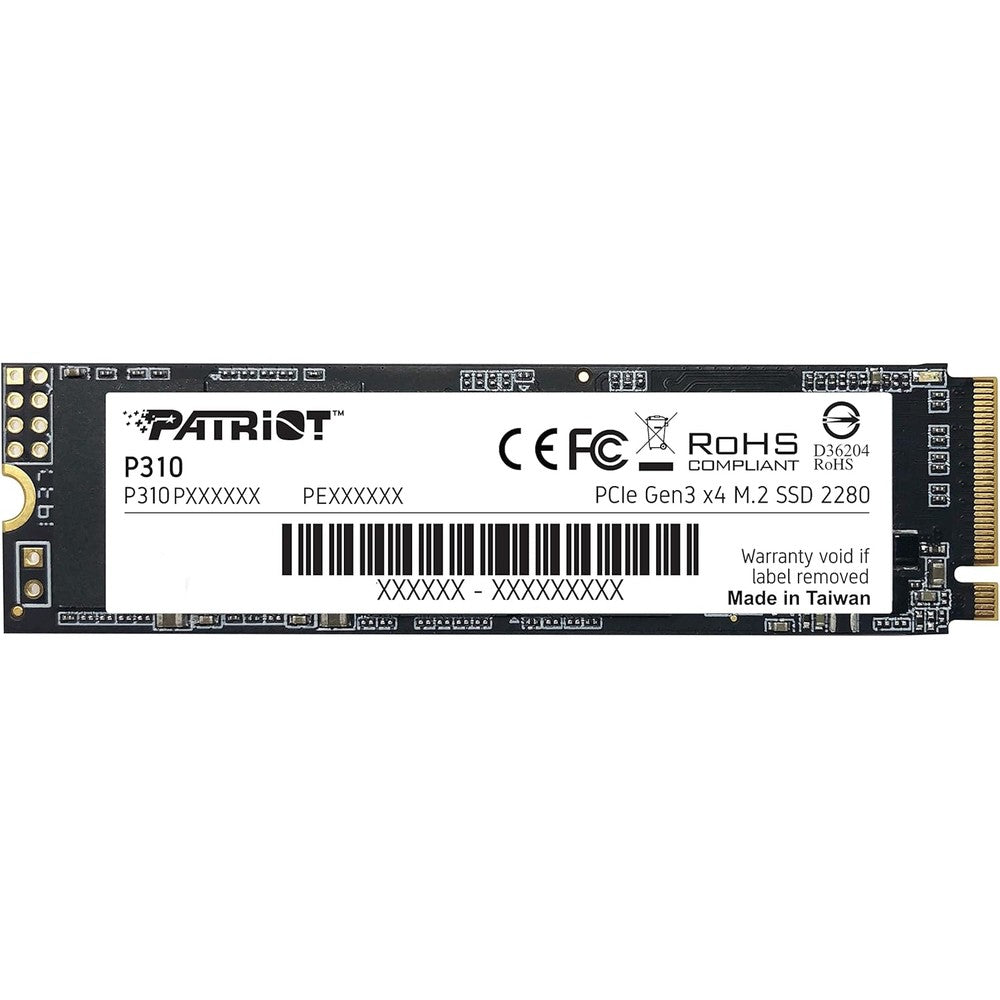Patriot Memory P310 480GB NVMe M.2 internal solid state drive front view showing branding and controller chip.