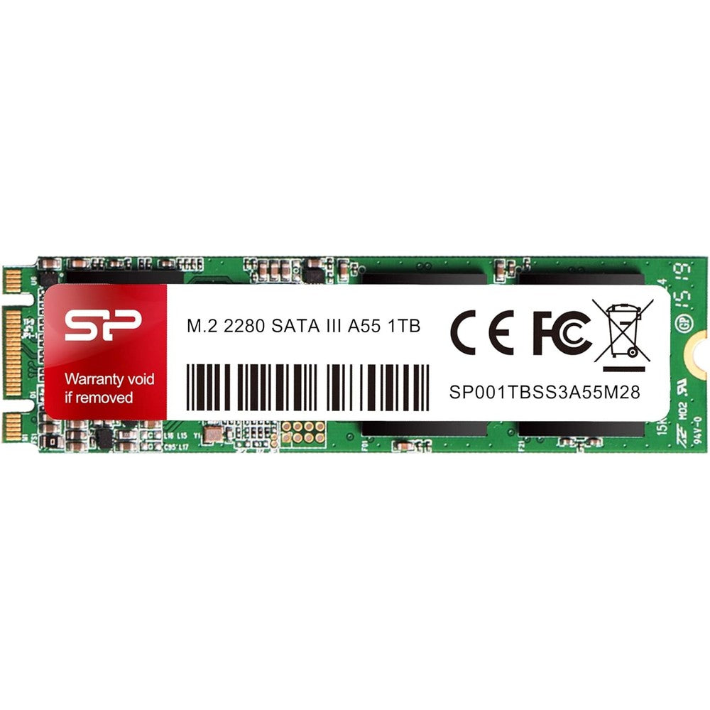 Silicon Power 1TB A55 M.2 SATA III internal solid state drive front view showing the high quality controller and memory chips.