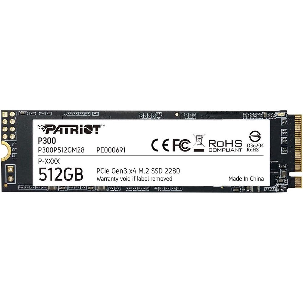 Patriot Memory P300 512GB M.2 Internal SSD front view showcasing the circuit board and memory controller.