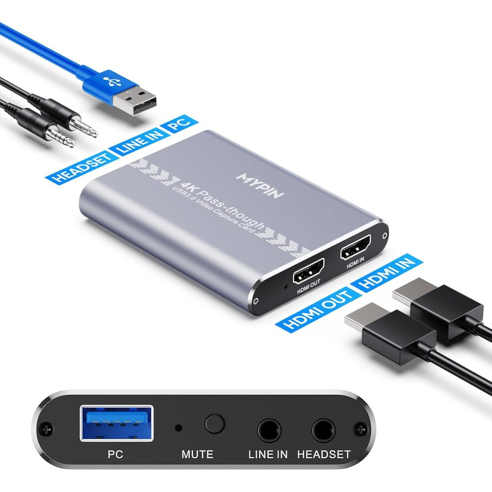 MYPIN HDMI game video capture card front view showing silver aluminum casing and ports