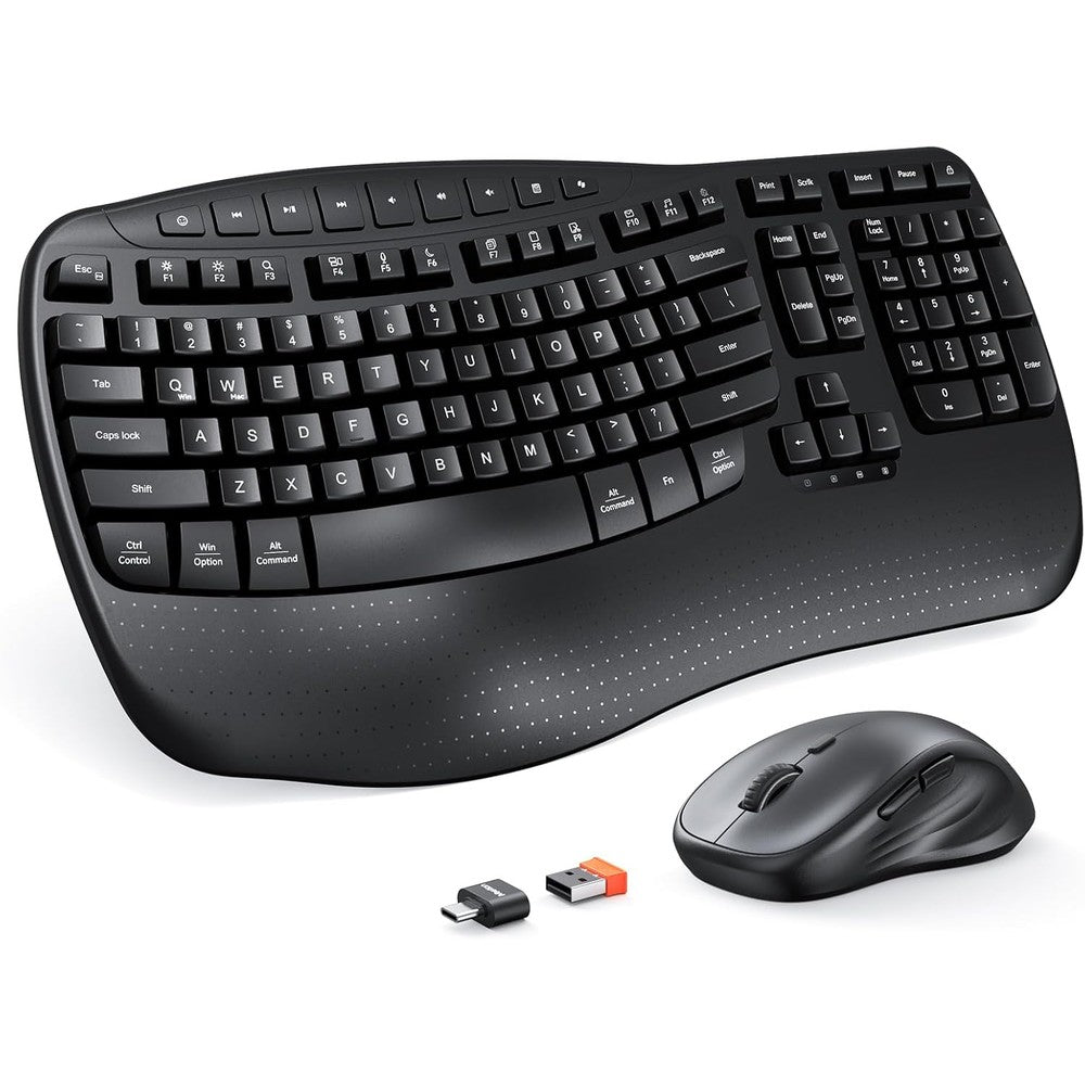MEETION Ergonomic Keyboard and Mouse Wireless Combo black full view highlighting wave layout design