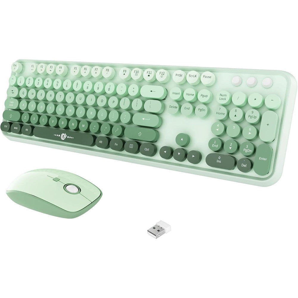 FOPETT wireless keyboard and mouse combo front view showing gradient green typewriter round keys