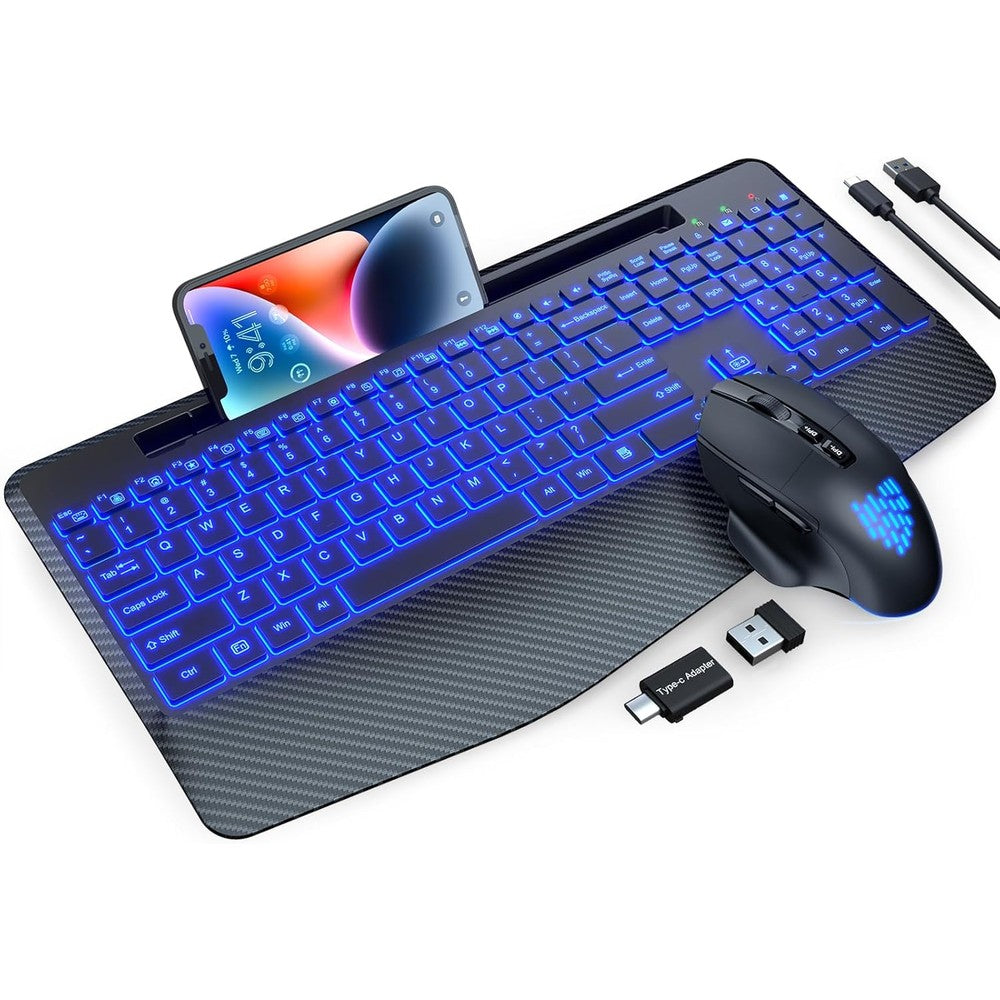 Sablute wireless keyboard and mouse combo front view showcasing RGB backlit keys and black finish