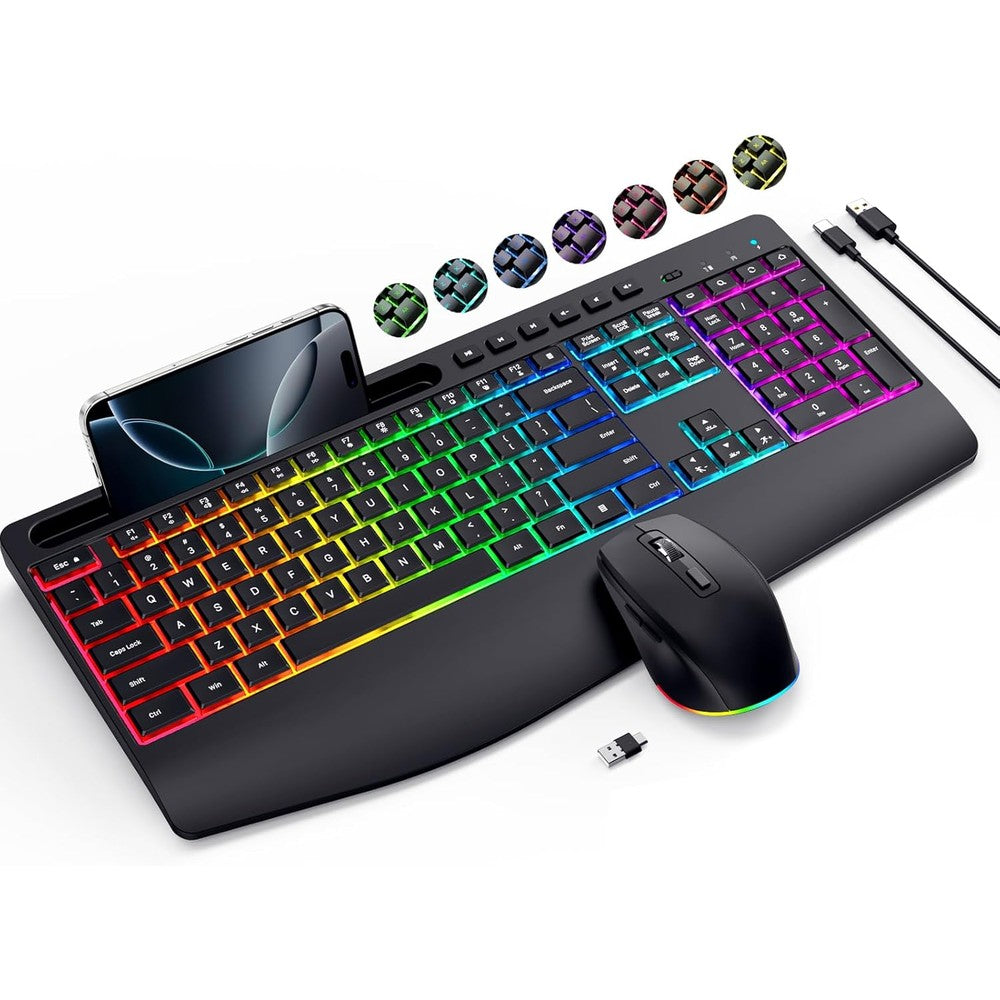 Veilzor wireless keyboard and mouse combo front view showing illuminated RGB keys