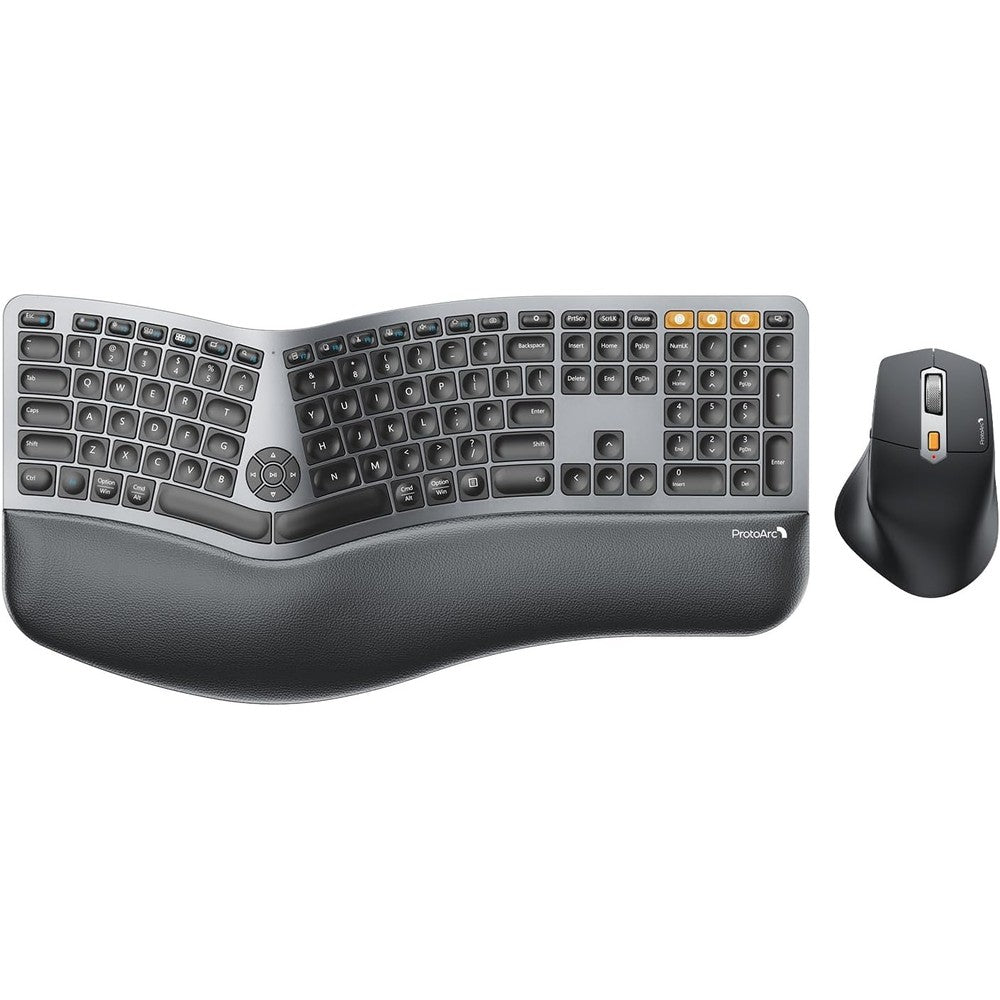 ProtoArc EKM01 Plus ergonomic wireless keyboard and mouse combo front view showing split layout