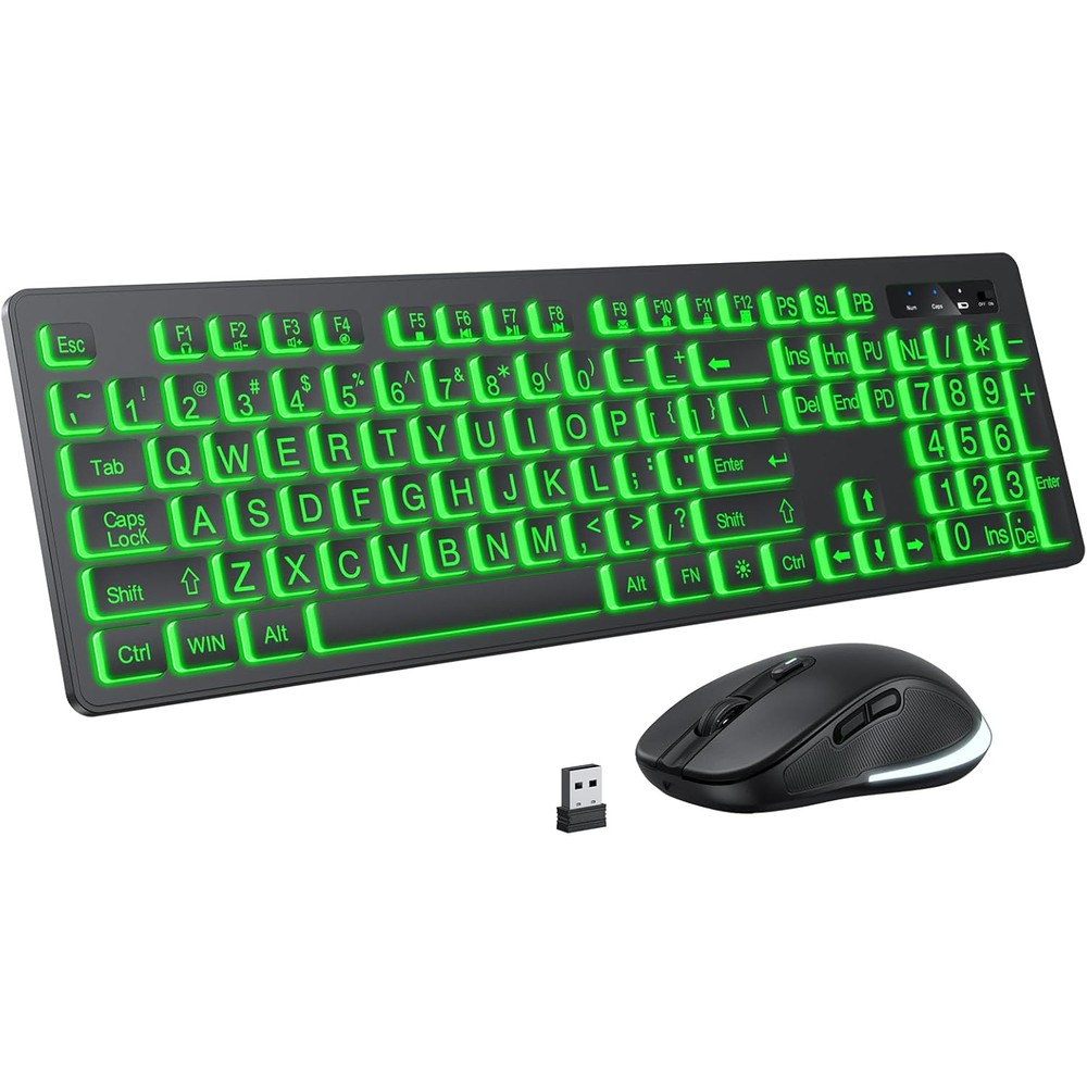 KOPJIPPOM large print wireless keyboard and mouse front view showcasing illuminated oversized keys.