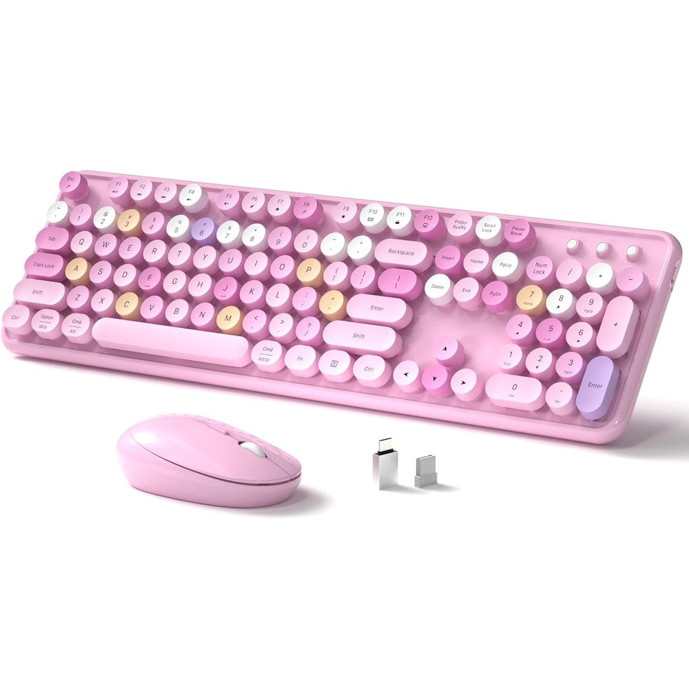Links9+ wireless typewriter keyboard and mouse combo front view in pink colorful finish.