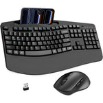 Faadar wireless keyboard and mouse combo front view showing ergonomic wave layout and black finish