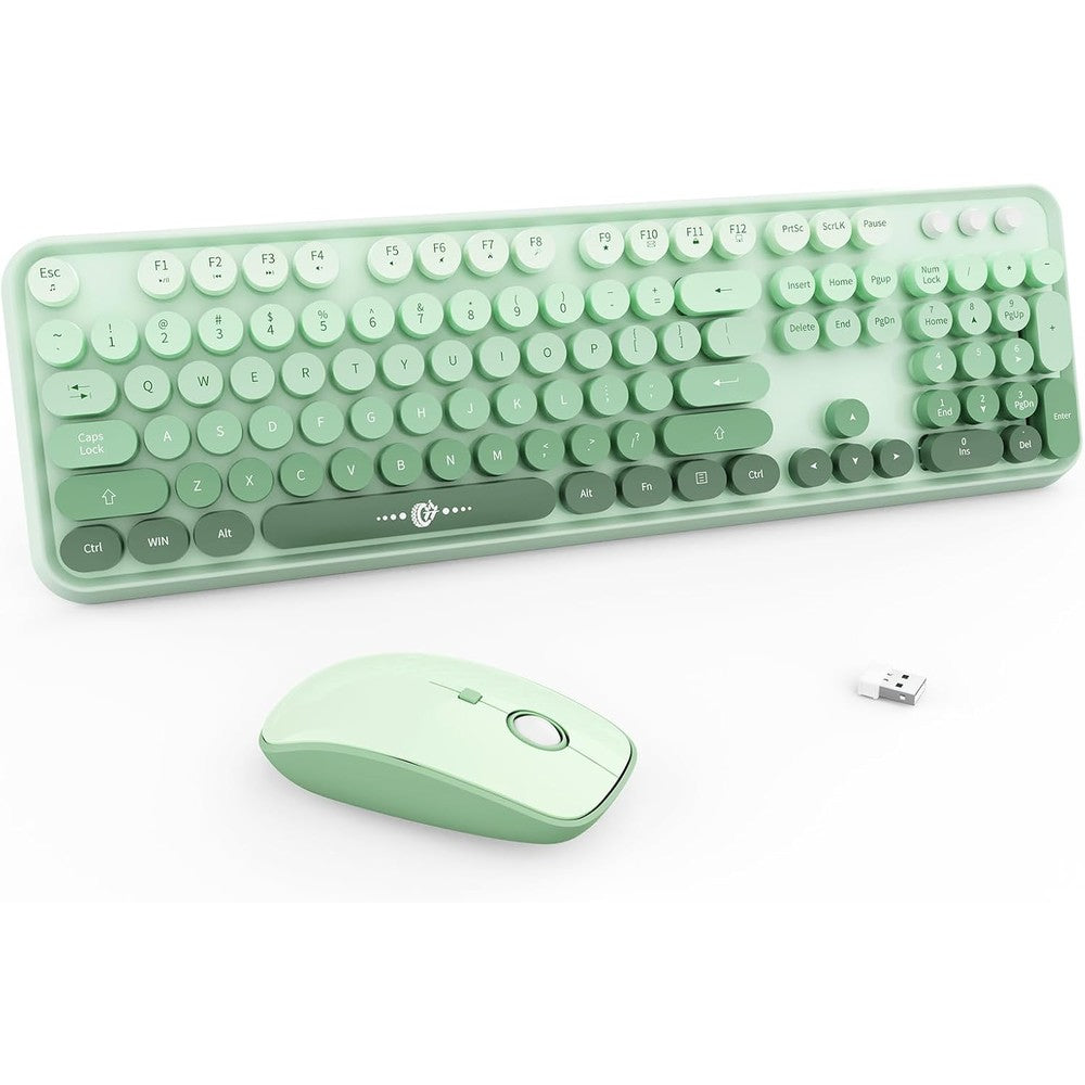 FOPETT wireless keyboard and mouse combo front view showing green gradient round typewriter keys
