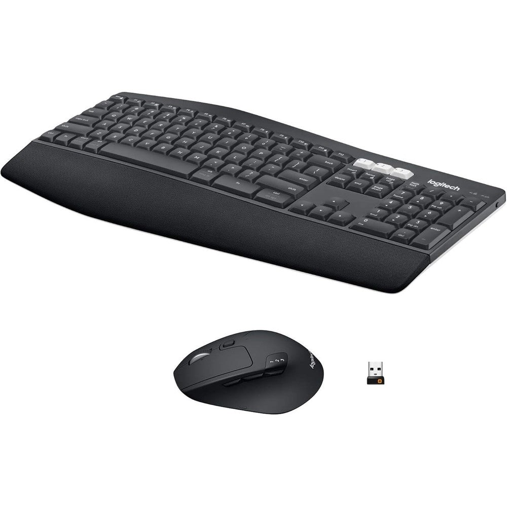 Logitech MK850 Performance wireless keyboard and mouse combo front view showing full size layout and graphite finish.