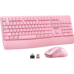 MEETION pink wireless keyboard and mouse combo front view showcasing ergonomic wrist rest.