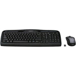 Logitech MK335 quiet wireless keyboard and mouse combo front view showing black and silver chassis with multimedia hot keys