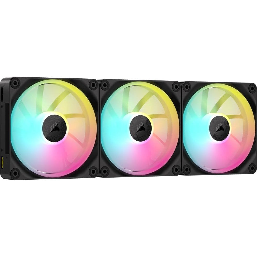 Corsair iCUE Link LX120 RGB triple pack front view showing three premium black computer case fans with dual light loops.
