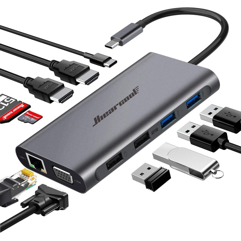 Hiearcool USB-C Docking Station front view highlighting the space grey aluminum finish and attached connecting cable.