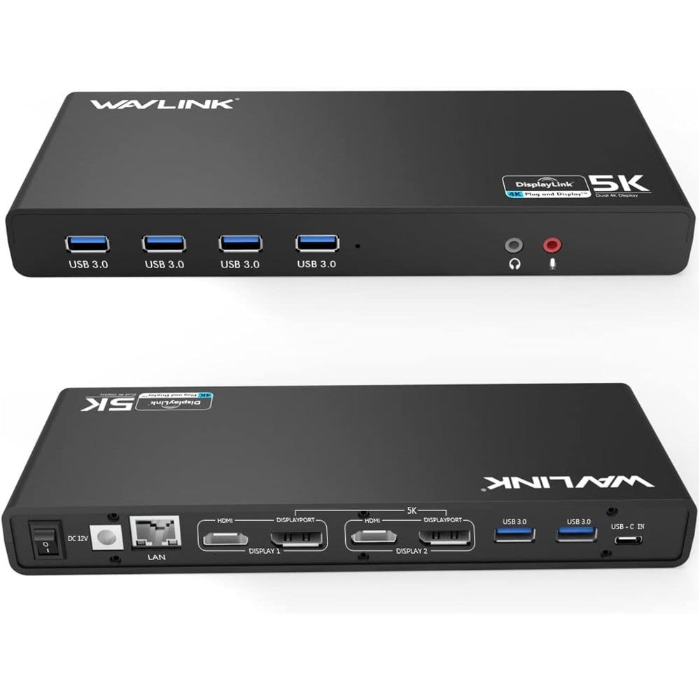 WAVLINK Pro Dual 4K Universal Docking Station front view showing power button and audio jacks