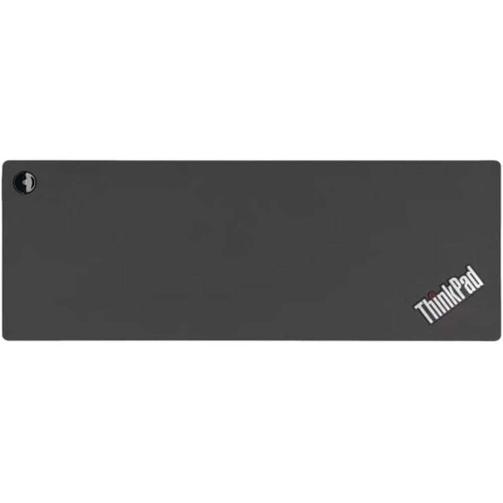 Lenovo ThinkPad Thunderbolt 3 Dock Gen 2 front view showing sleek black chassis and power button for premium laptop workstation setups.