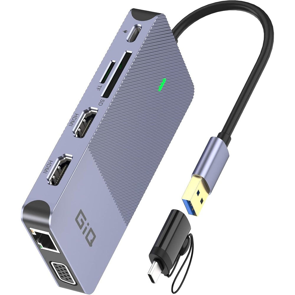 GIQ USB laptop docking station front view showing dual HDMI and VGA ports