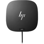 HP USB-C Dock G5 universal business docking station front view showing sleek black compact design with silver logo