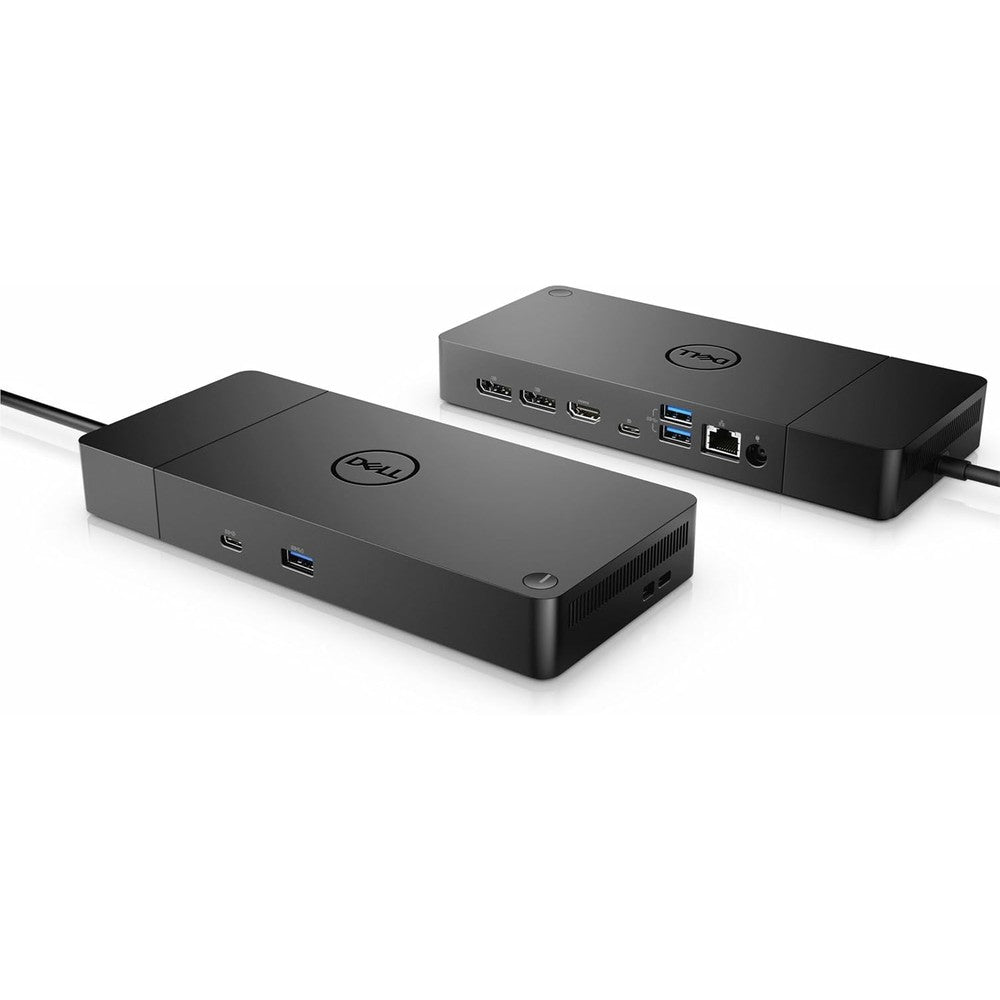 Dell WD19S docking station front view showing premium black modular finish and integrated USB-C connecting cable.