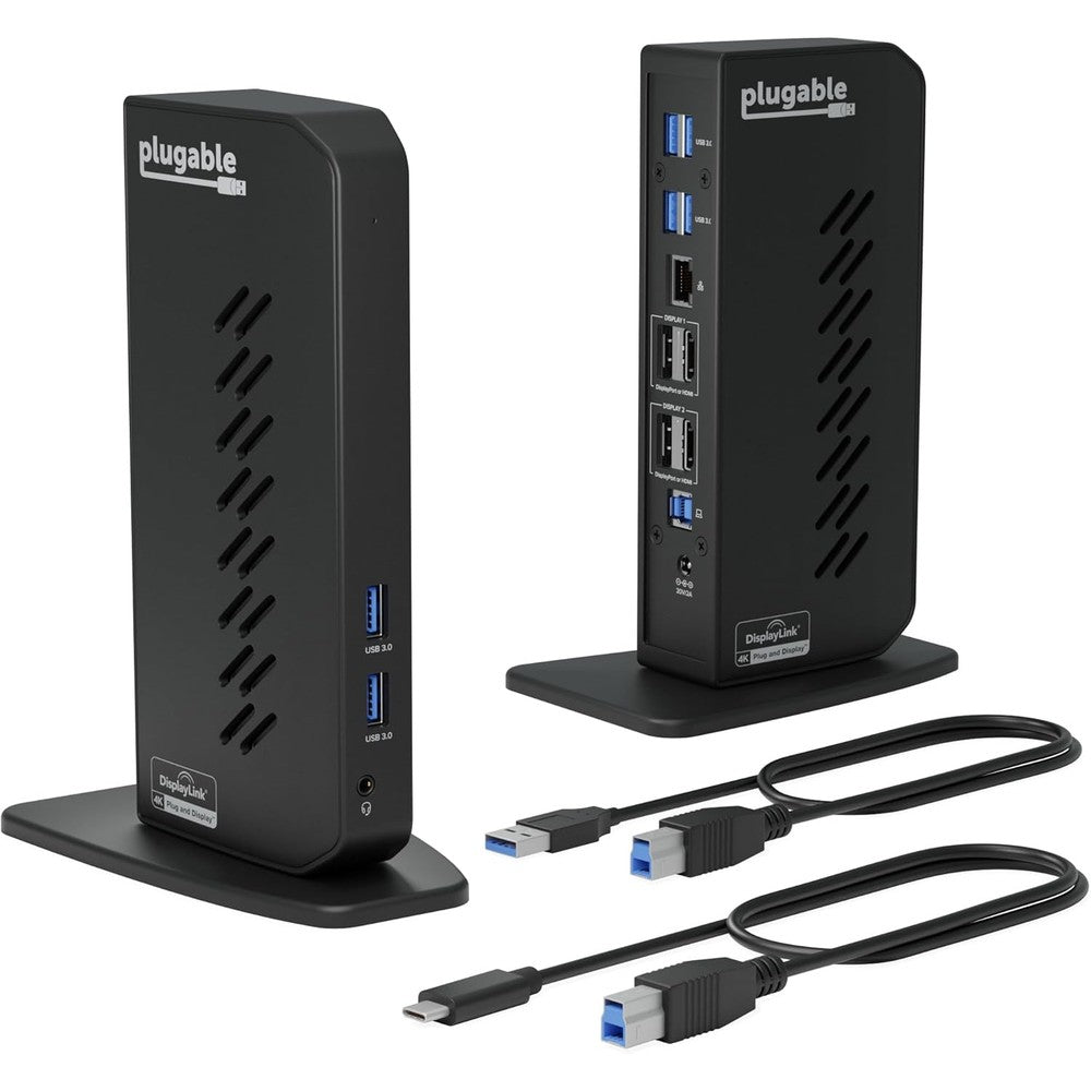 Plugable Dual DisplayPort and HDMI Docking Station front vertical view showing professional desktop setup