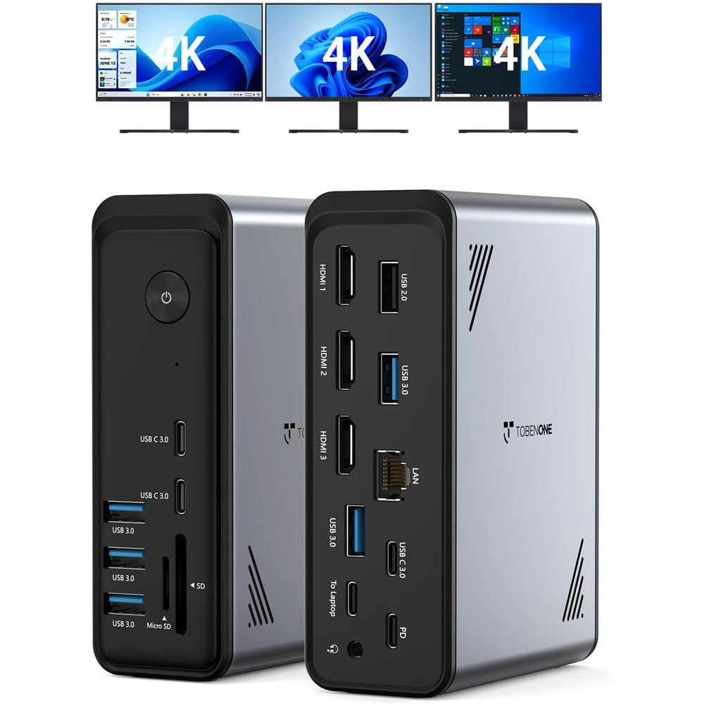 TobenONE 18 in 1 Laptop Docking Station front view showcasing premium multiple monitor connectivity ports.