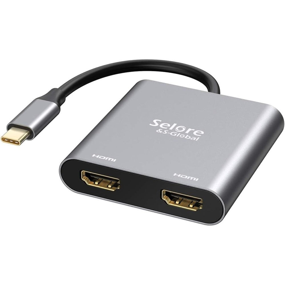 Selore&S-Global USB Type C to Dual HDMI Adapter front view showcasing the aluminum casing and dual ports.