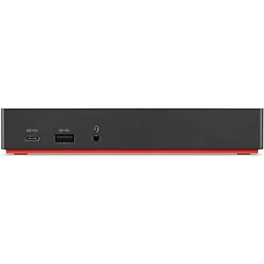 Lenovo ThinkPad USB-C Dock Gen 2 universal docking station front view showing sleek black finish and red base.