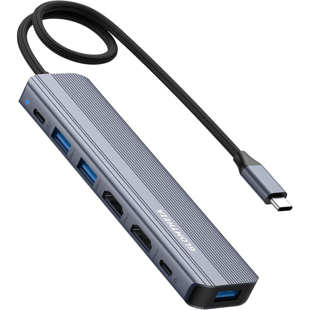 Glomtheia USB C hub docking station front view displaying dual HDMI ports for multi-monitor setup.