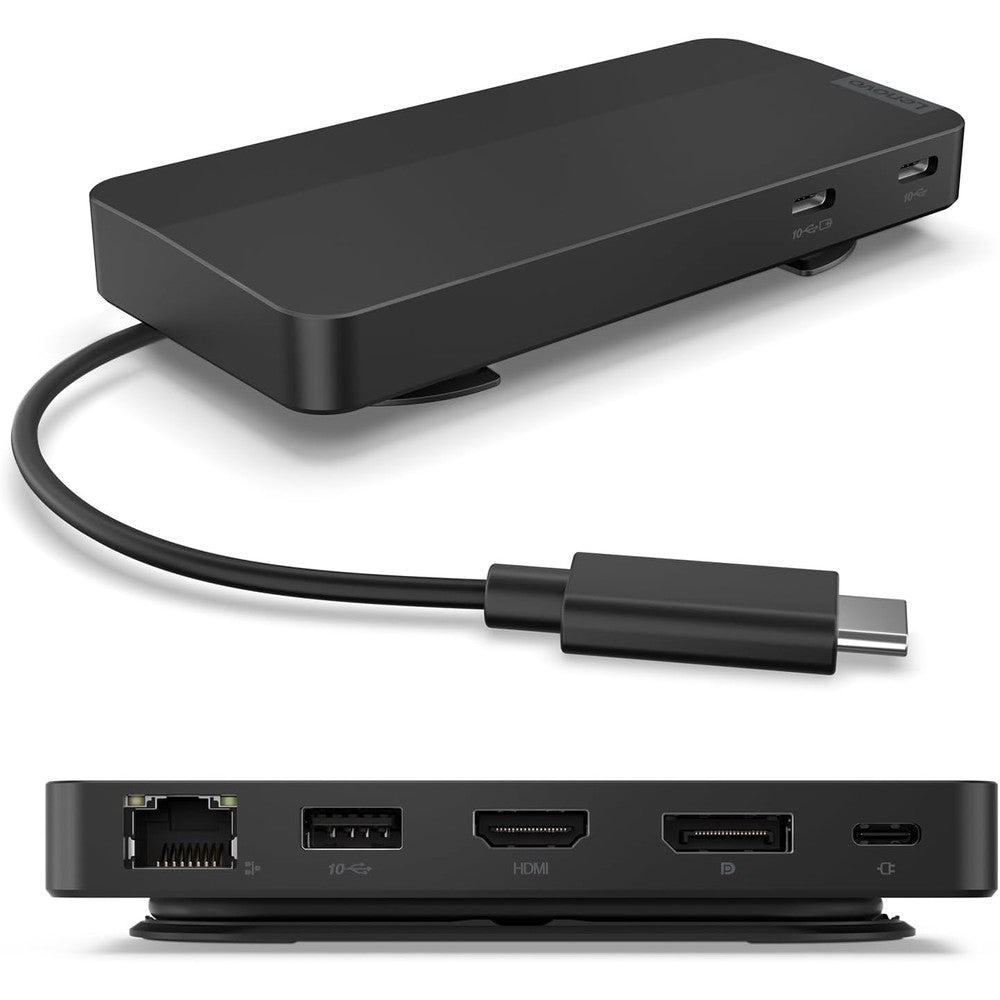 Lenovo USB-C Dual Display Travel Dock front view showcasing the modern Eclipse Black chassis and compact premium docking layout.