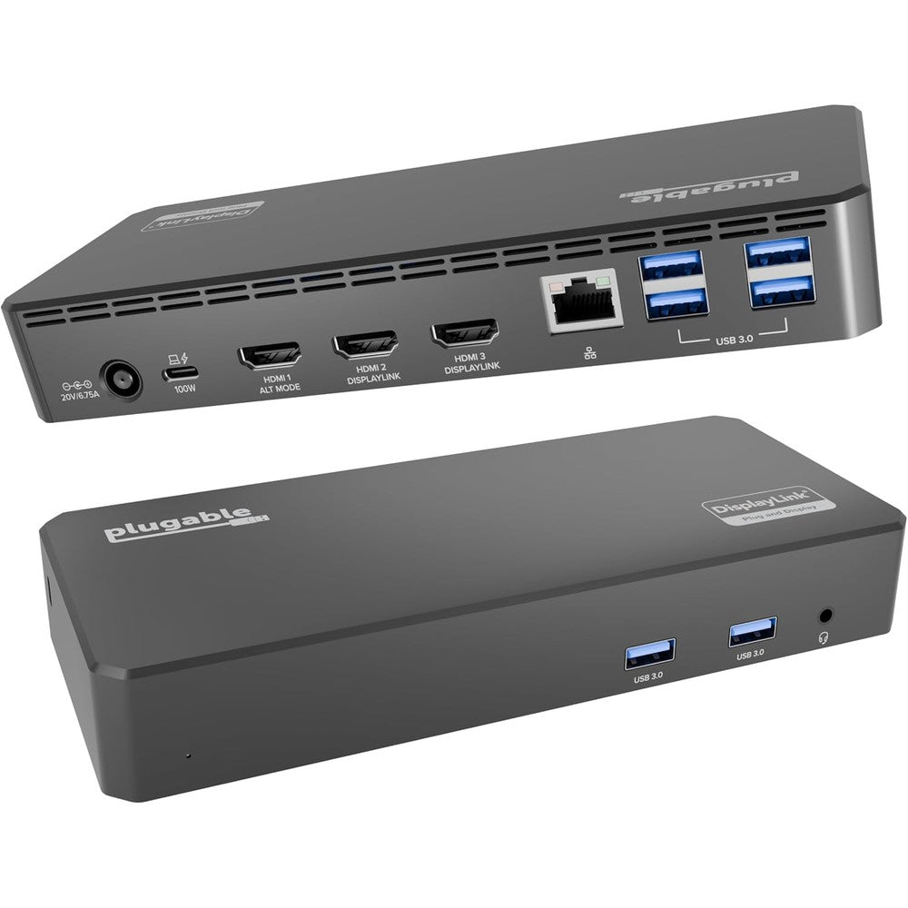 Plugable USB-C Triple Display Docking Station front view showcasing sleek black finish and multiple peripheral ports