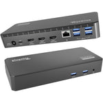 Plugable USB-C Triple Display Docking Station front view showcasing sleek black finish and multiple peripheral ports