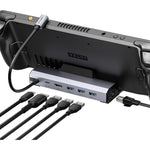 JSAUX upgraded six in one docking station front view showcasing sleek aluminum stand for handheld gaming consoles.