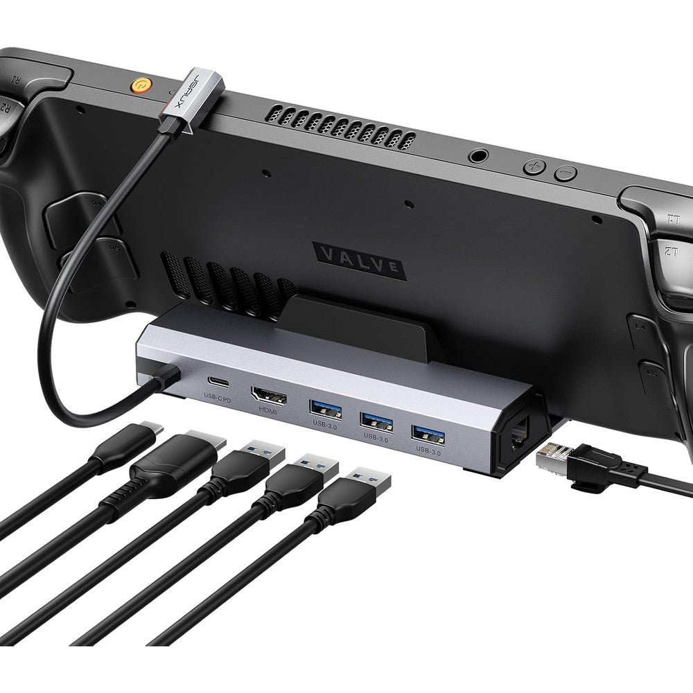 JSAUX upgraded six in one docking station front view showcasing sleek aluminum stand for handheld gaming consoles.