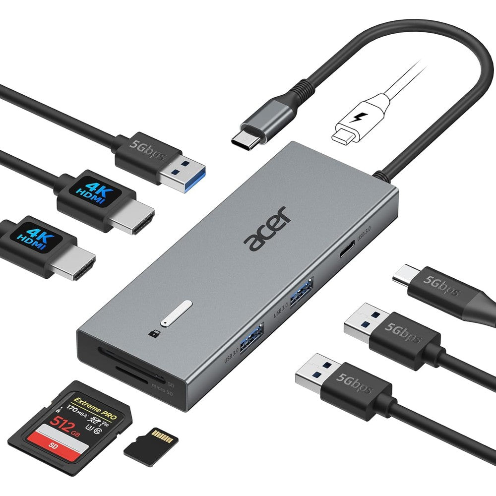 Acer 9 in 1 USB C docking station front view showing dual HDMI ports and sleek space gray aluminum chassis.