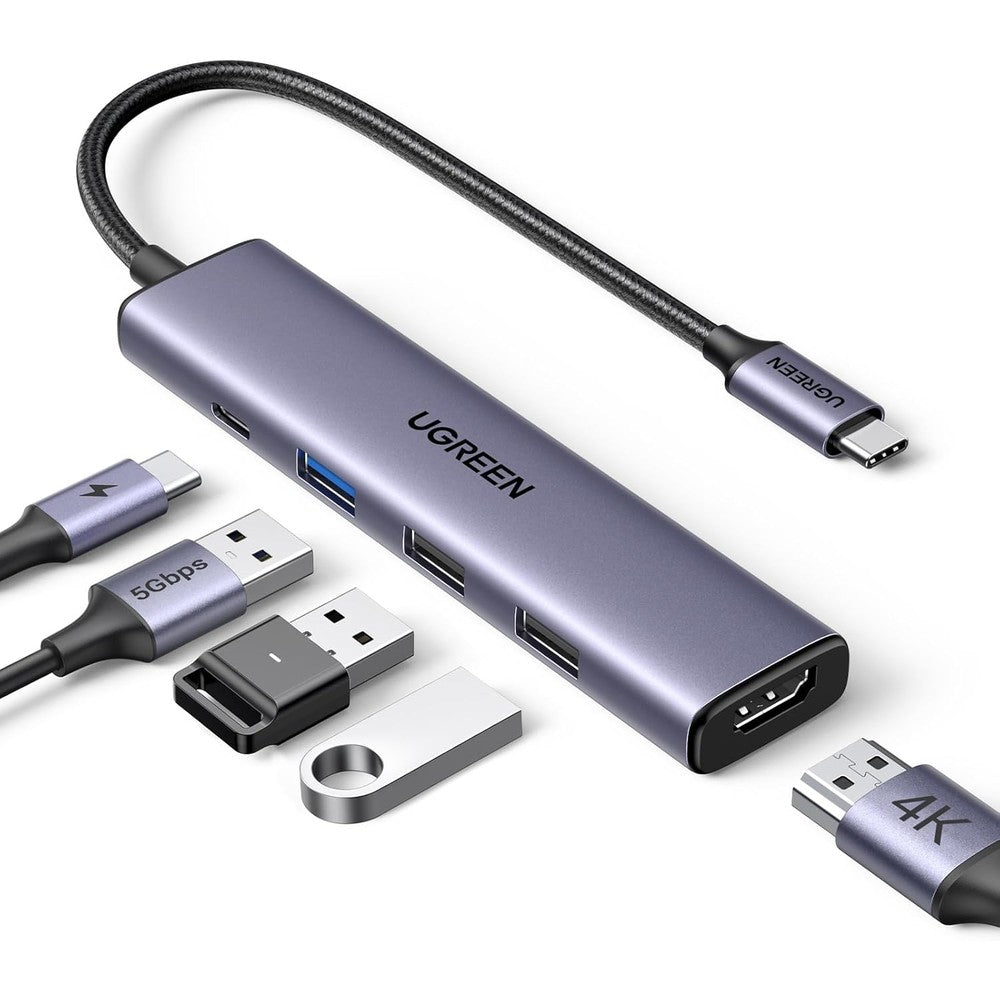 UGREEN Revodok 105 USB C Hub 5 In 1 Multiport Adapter front view displaying premium space gray aluminum design