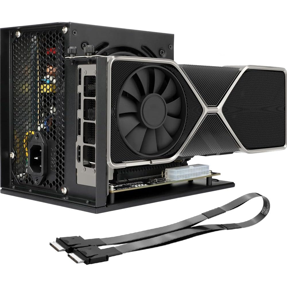 OwlTree external graphics card dock front view showing PCIe x16 slot and gold plated contacts.