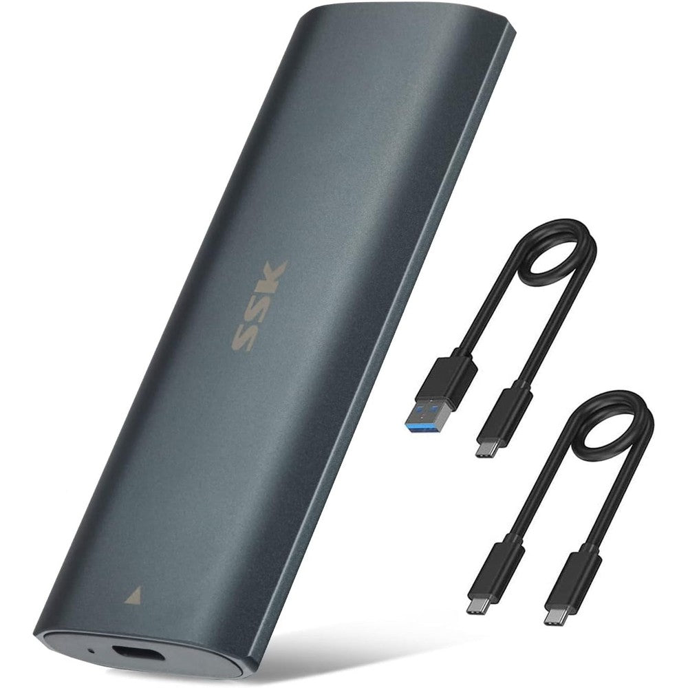 SSK premium storage enclosure device showing the front face view of the black aluminum shell.
