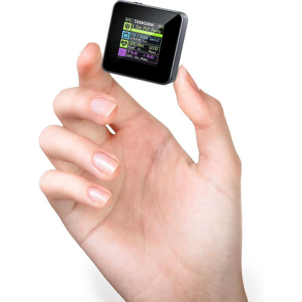DockCase Pocket M.2 2230 NVMe SSD Enclosure front view showcasing smart display screen.