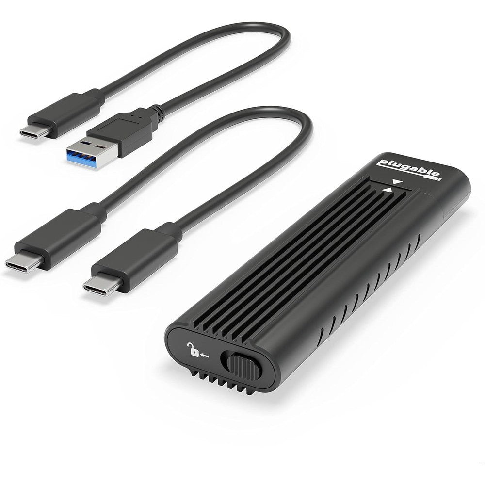 Plugable M.2 NVMe solid state drive enclosure front view showing the sleek aluminum design.