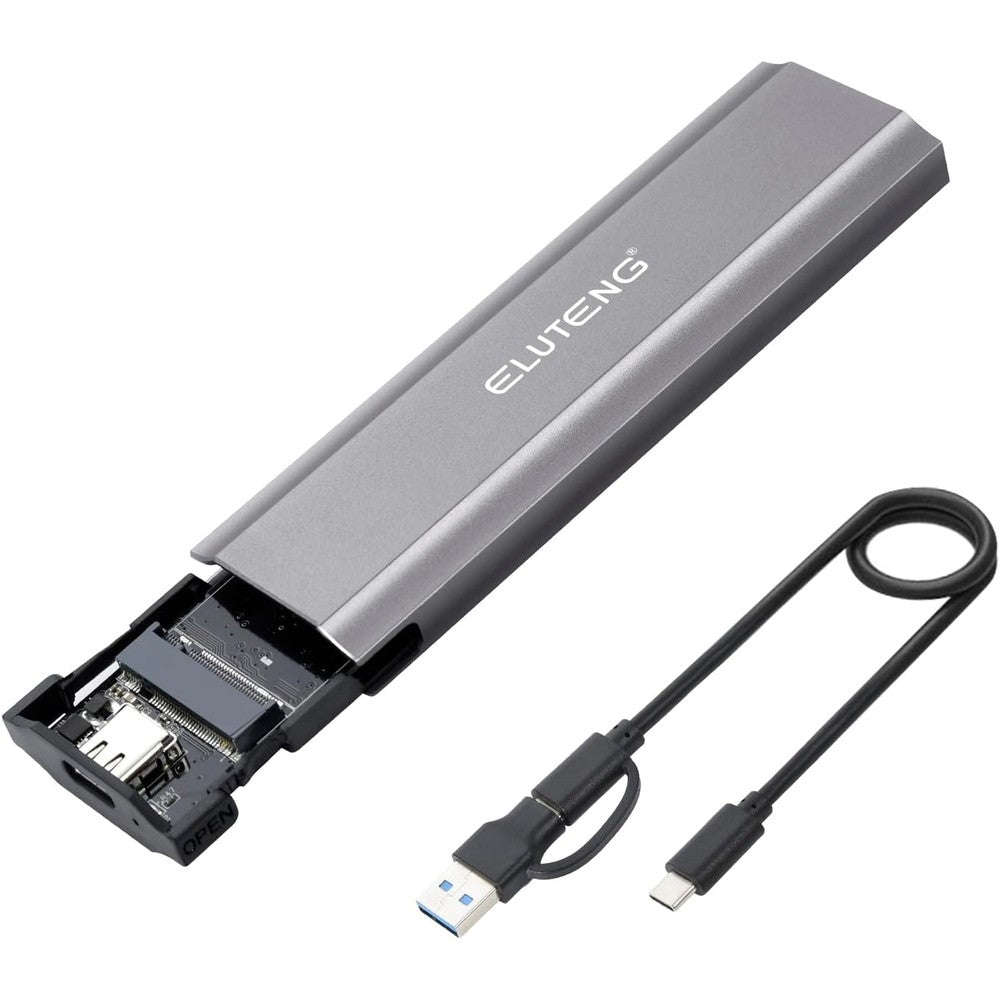 ELUTENG M.2 SSD Enclosure front view showing the sleek black aluminum casing.