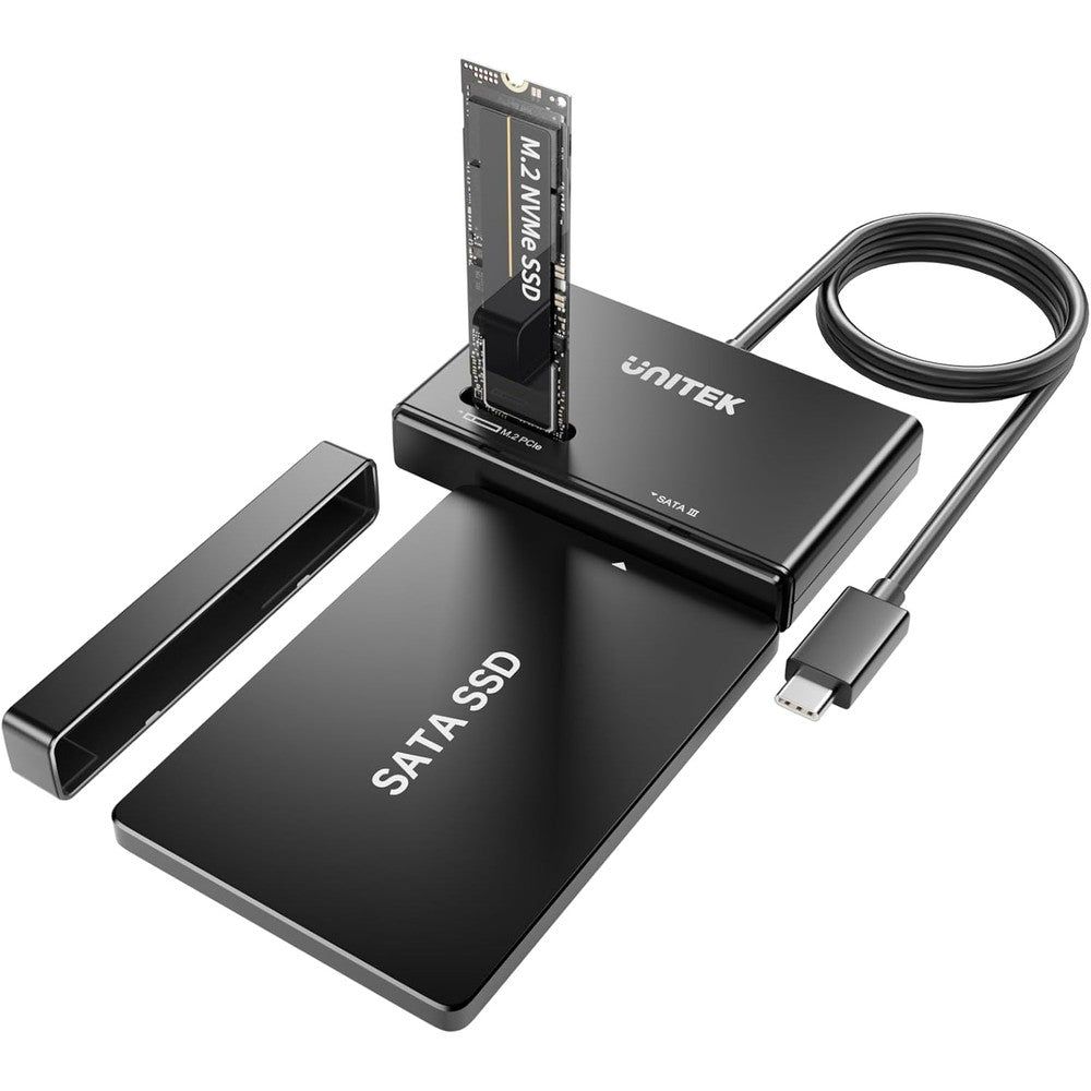 Unitek M.2 NVMe SSD Enclosure Adapter front view showing tool-free slots for solid state drives.