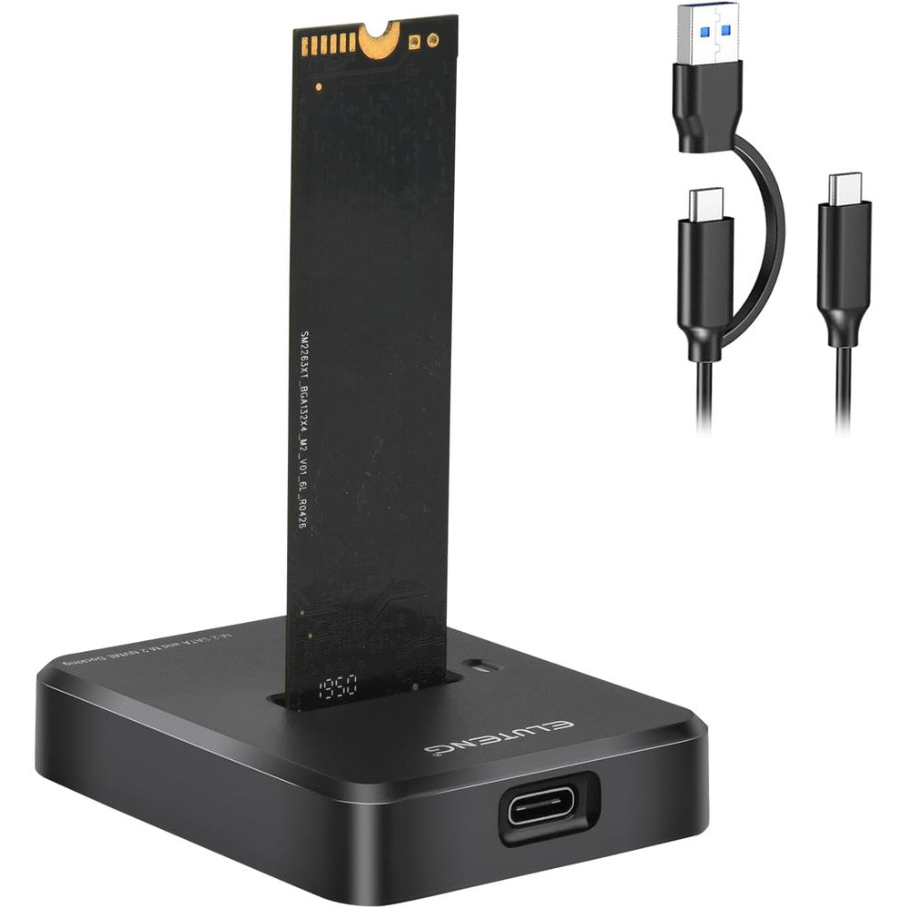ELUTENG M2 NVMe and SATA to USB C Docking Station front view showcasing the open vertical solid state drive slot.