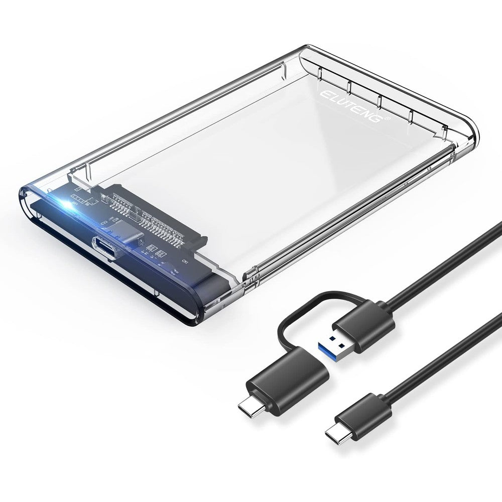 ELUTENG transparent external hard drive enclosure front view showing internal SATA connection.