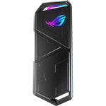 ASUS ROG Strix Arion M.2 NVMe SSD external enclosure front view showing the sleek black aluminum alloy body and customizable RGB lighting strip.