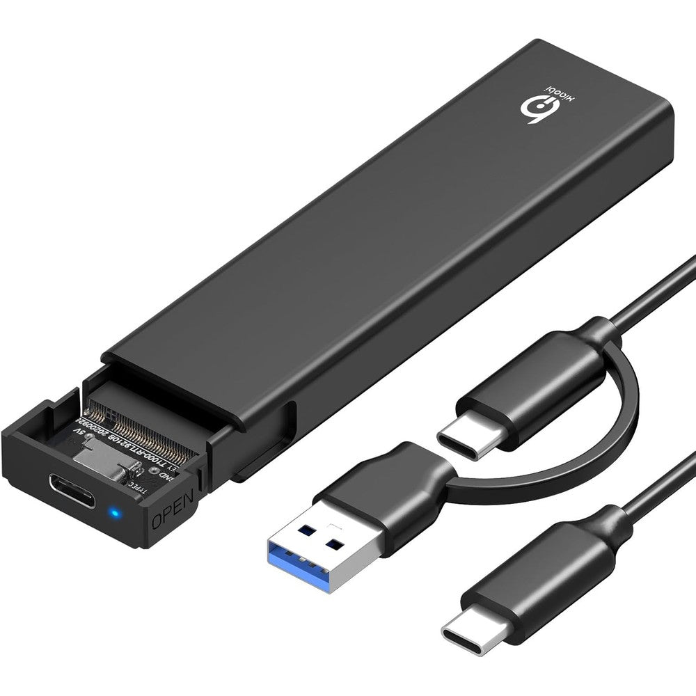 Xiaobi M.2 NVMe SSD Enclosure front view showing sleek aluminum alloy design and premium build quality.