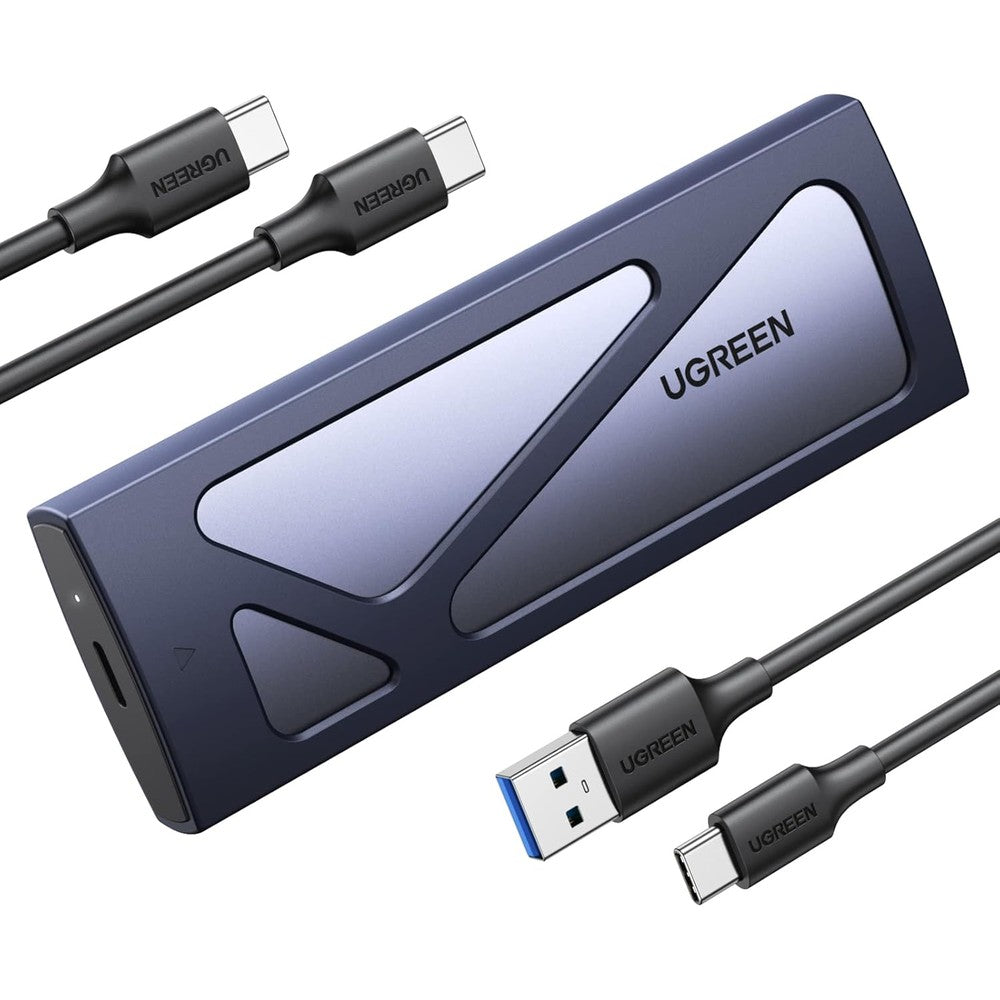 UGreen M2 NVMe SSD enclosure front view showcasing the sleek grey aluminum housing and brand emblem.