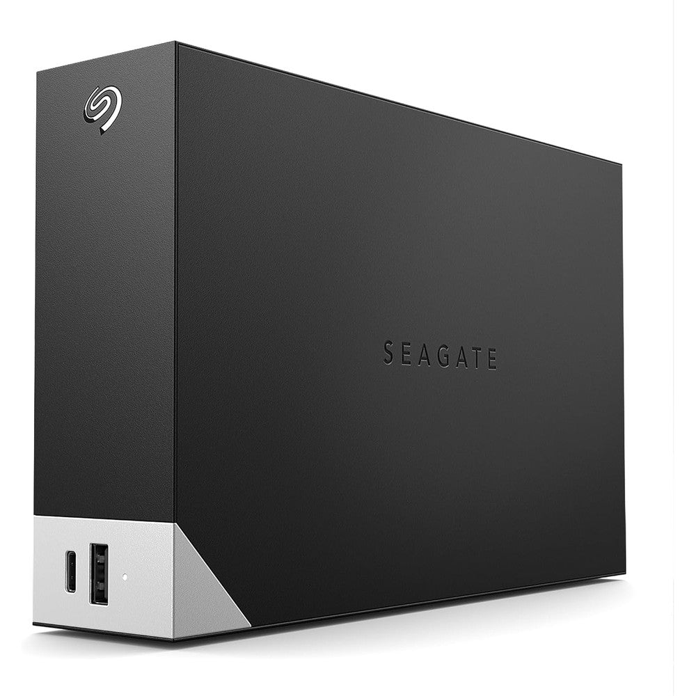 Seagate One Touch Hub 16TB external desktop hard drive front view showing black casing and silver base