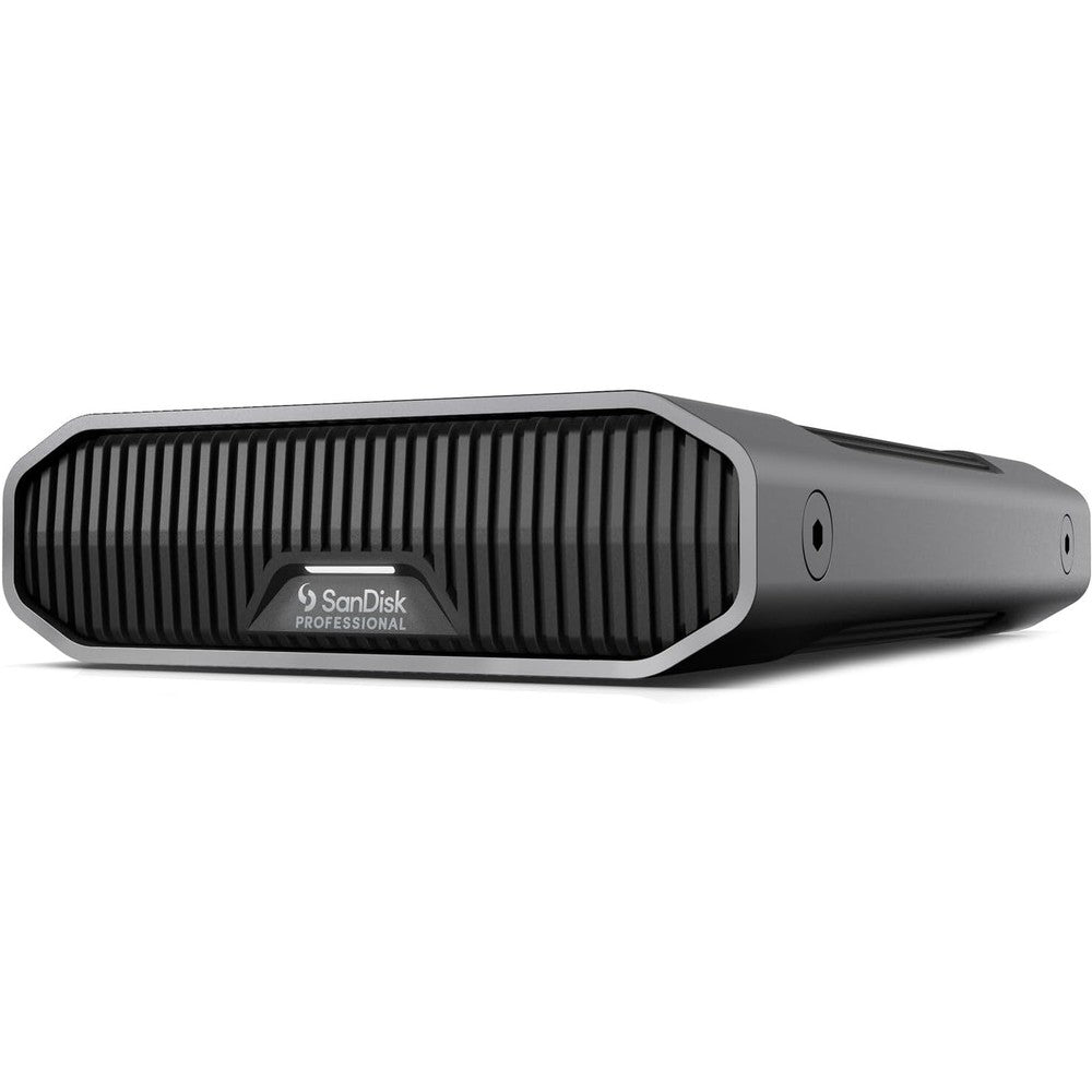 SanDisk Professional 12TB G-Drive enterprise class external desktop hard drive front view displaying the premium aluminum enclosure and status light.
