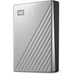 Western Digital WD 5 Terabyte My Passport Ultra for Mac silver external hard drive front view showing metallic texture