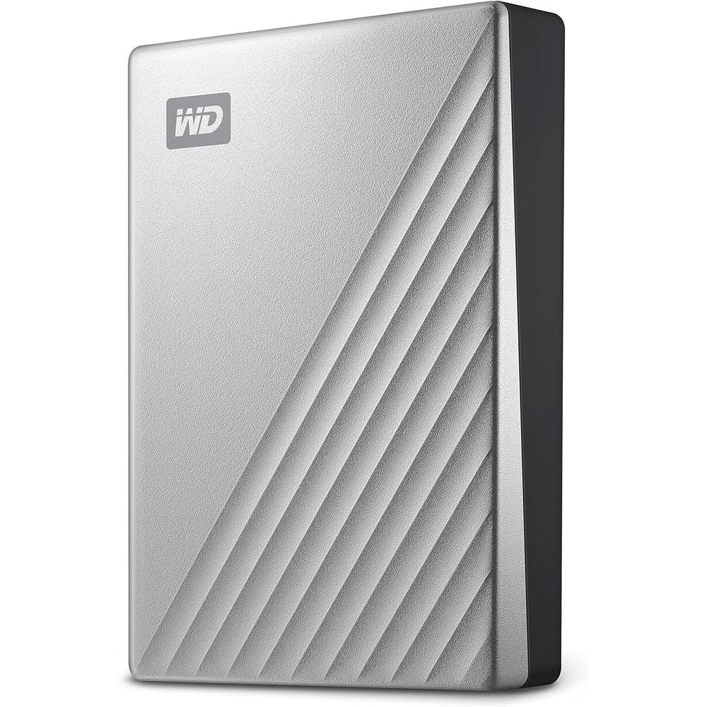 Western Digital WD 5 Terabyte My Passport Ultra for Mac silver external hard drive front view showing metallic texture